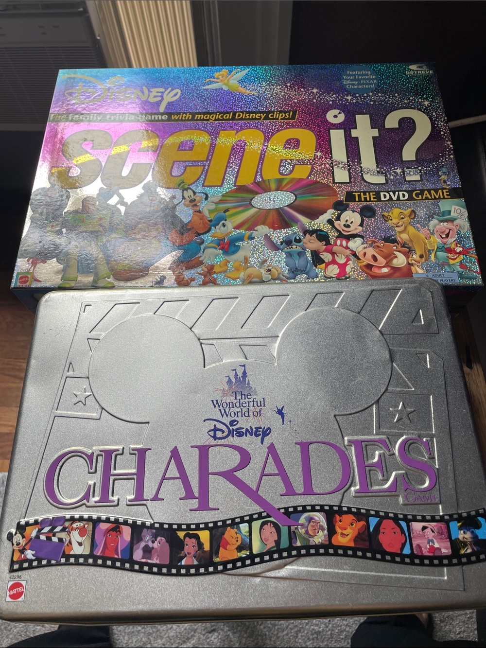 Disney Scene It? & Charades Silver Tin Set with Purple Logo